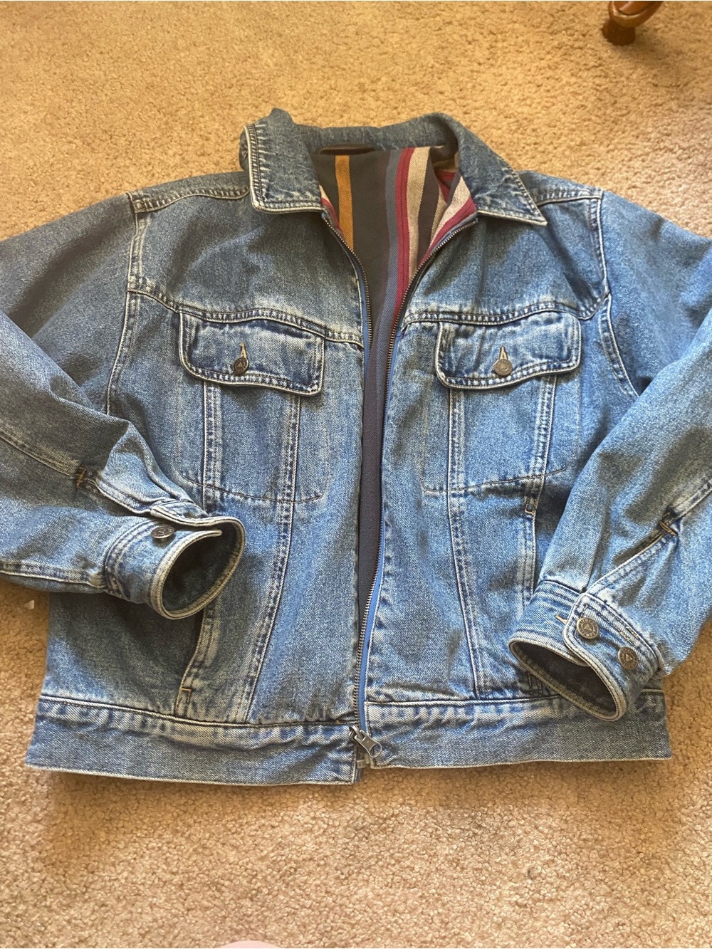 Vtg 90s Lizwear Blanket Lined Denim Jacket Full Zip Stripe Cotton Large